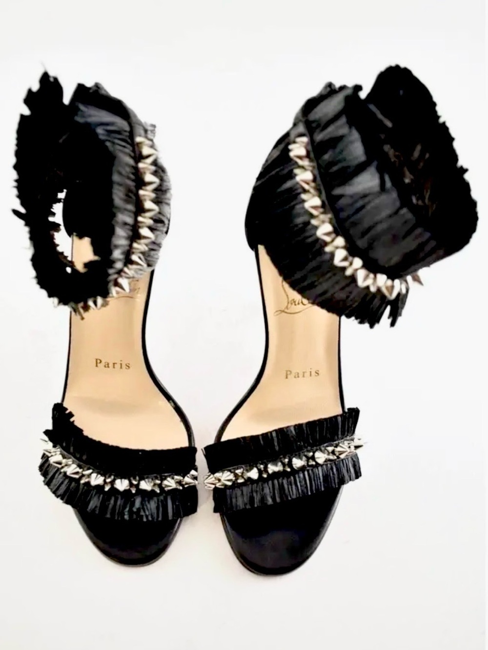 Christian Louboutin Poupedou Black Spike Raffia Ankle Strap Heels EU 39 Red Sole - Picture 7 of 9